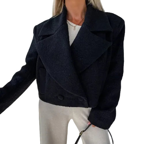 Black cropped wool-style coat for women