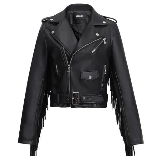 Black women's fringe leather-style jacket