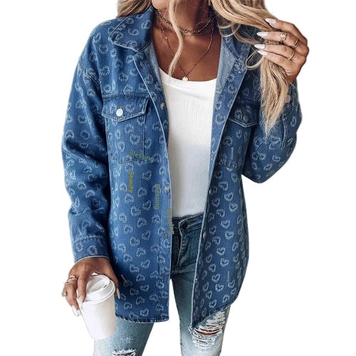 Blue retro heart print jacket for women