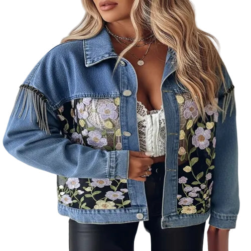 Blue women's jacket with embroidered floral details