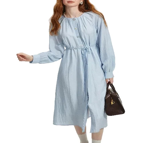 Elegant blue linen blend midi dress for women