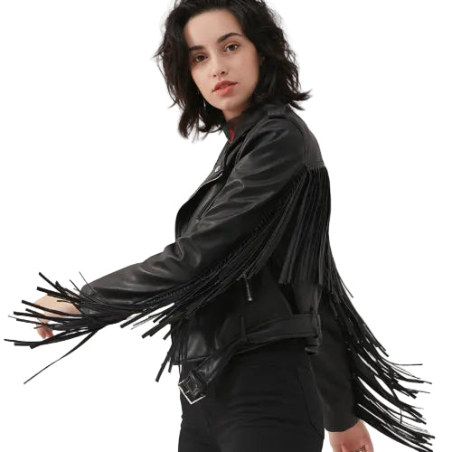 Fringe jacket with turn-down collar for women
