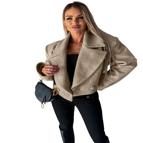 Light coffee cropped wool-style coat for women