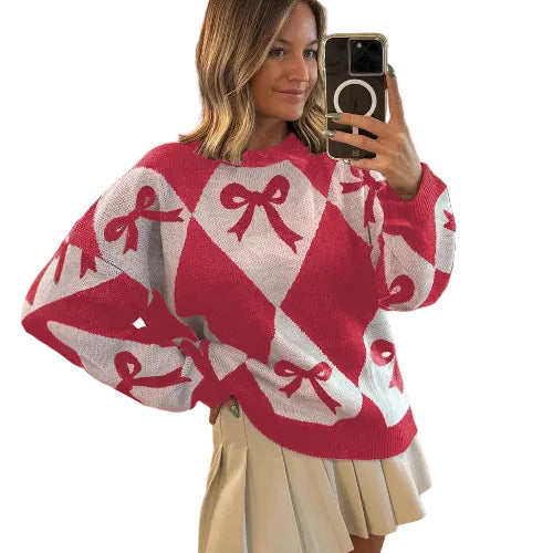 Long sleeve bow print sweater for women