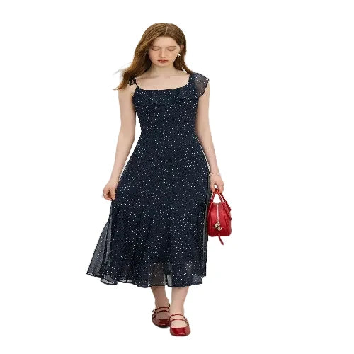 Navy chiffon ruffle midi dress for women