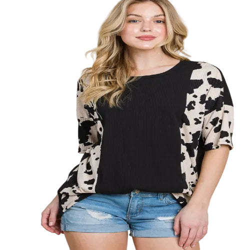 Ribbed animal print T-shirt with contrast panels