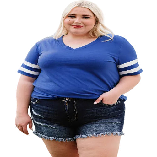 Woman wearing a blue sports jersey 