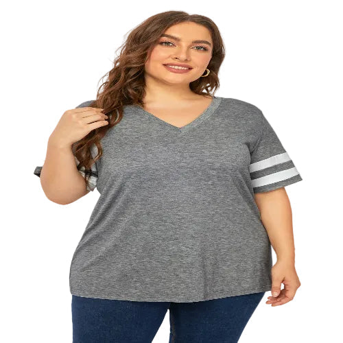 Woman wearing a gray t-shirt 