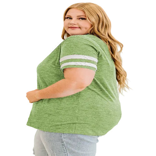 Woman wearing a green t-shirt with white stripes