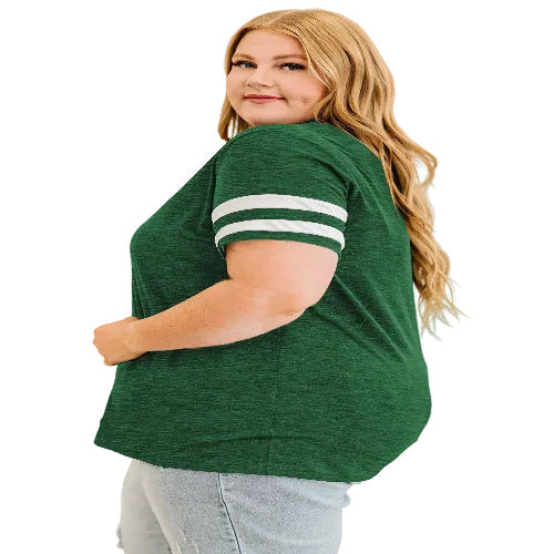 Woman wearing a green t-shirt with white stripes 