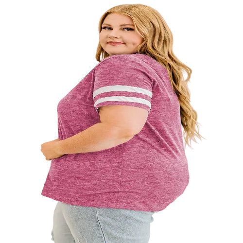 Woman wearing a maroon t-shirt 