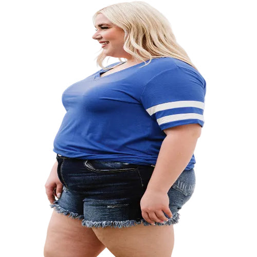 Woman wearing a blue sports jersey