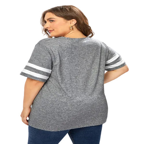 Woman wearing gray t-shirt