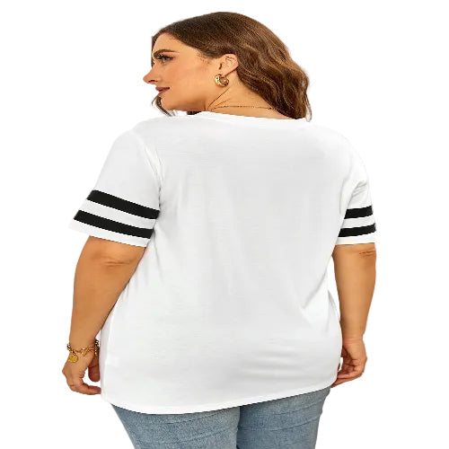 Woman wearing a white t-shirt with black stripes