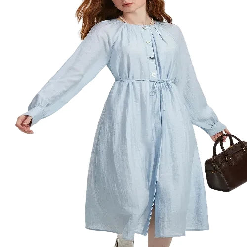 Women's blue A-line linen blend dress