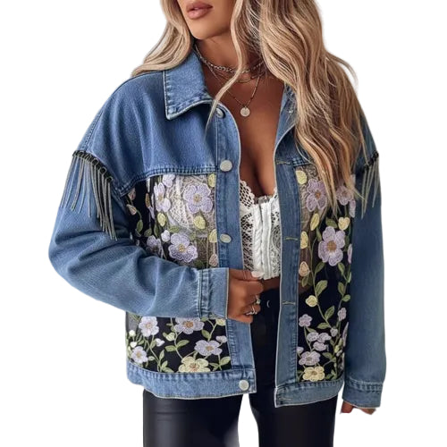 Women's blue denim jacket with floral lace panels