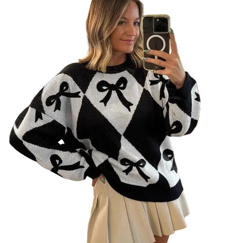 Women's bow print knit pullover sweater