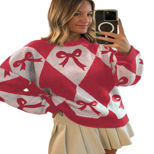 Women's casual bow print knitted pullover