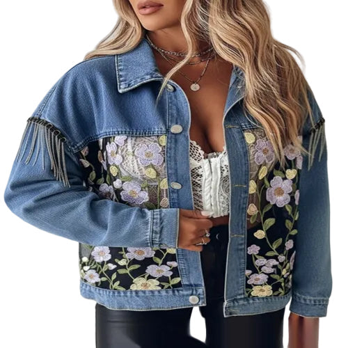 Women's casual denim jacket with lace accents
