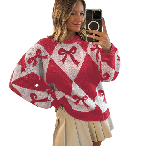 Women's contrasting color bow knit sweater