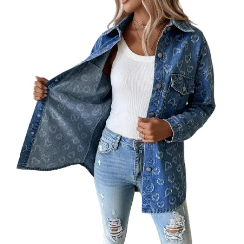 Women's full print heart denim jacket