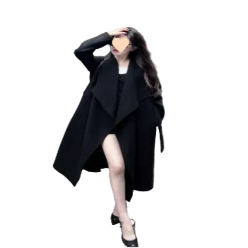 Women's long black wool-style coat with belt
