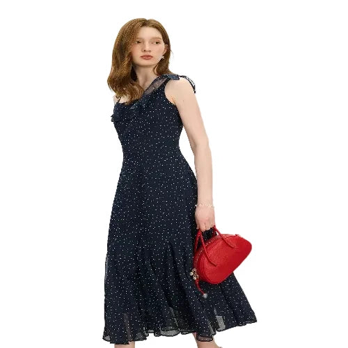 Women's navy dot pattern chiffon dress