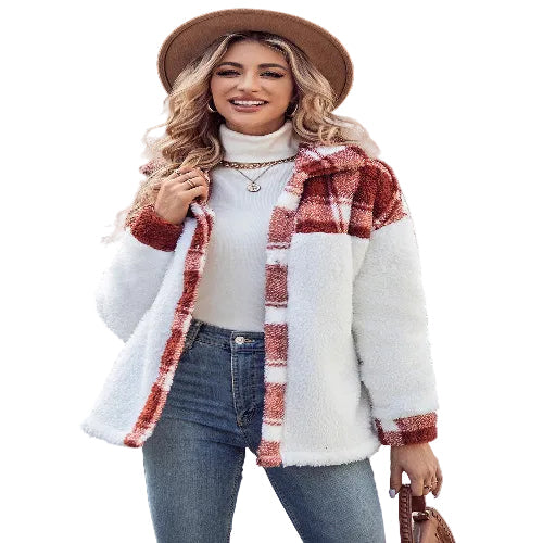 Women's plaid teddy jacket with dropped shoulders