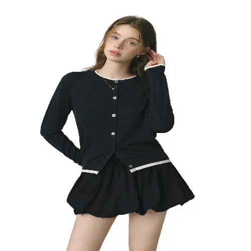Women's pure wool contrast knit cardigan