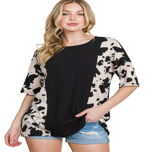Women's rodeo cow print ribbed T-shirt