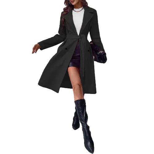 Women's tailored polyester coat with belt