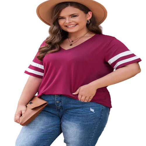 Women's wearing a maroon shirt with white stripes